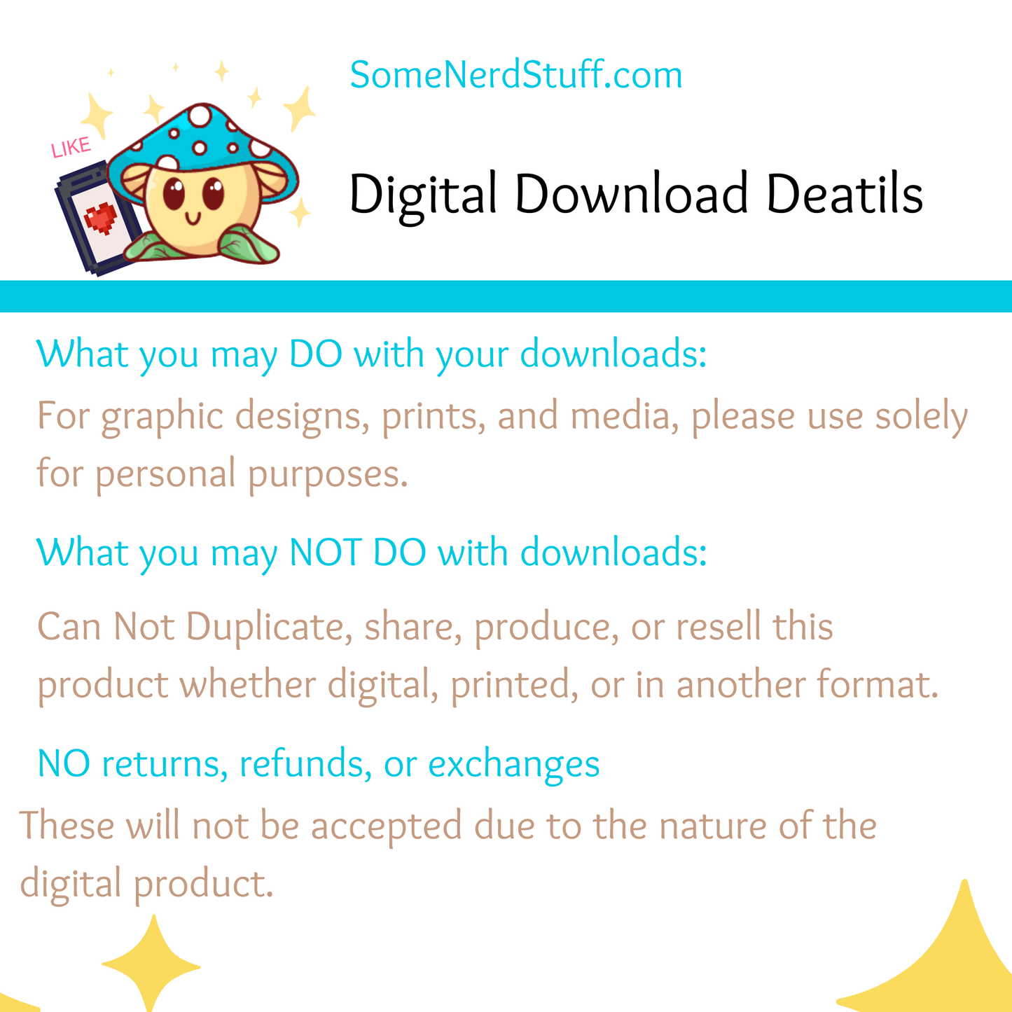 Digital download terms and conditions page with branding and text from SomeNerdStuff