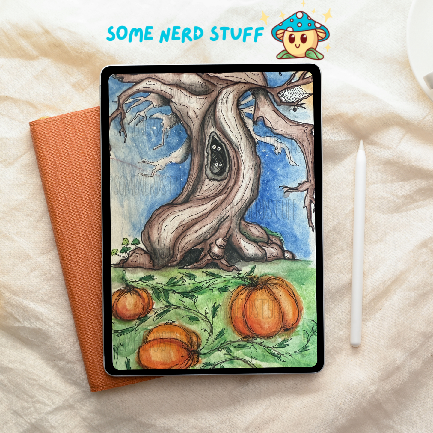 Deadman tree on a hill with pumpkins hand-drawn digital download product. No other items are included in this sale, shown in example ipad.