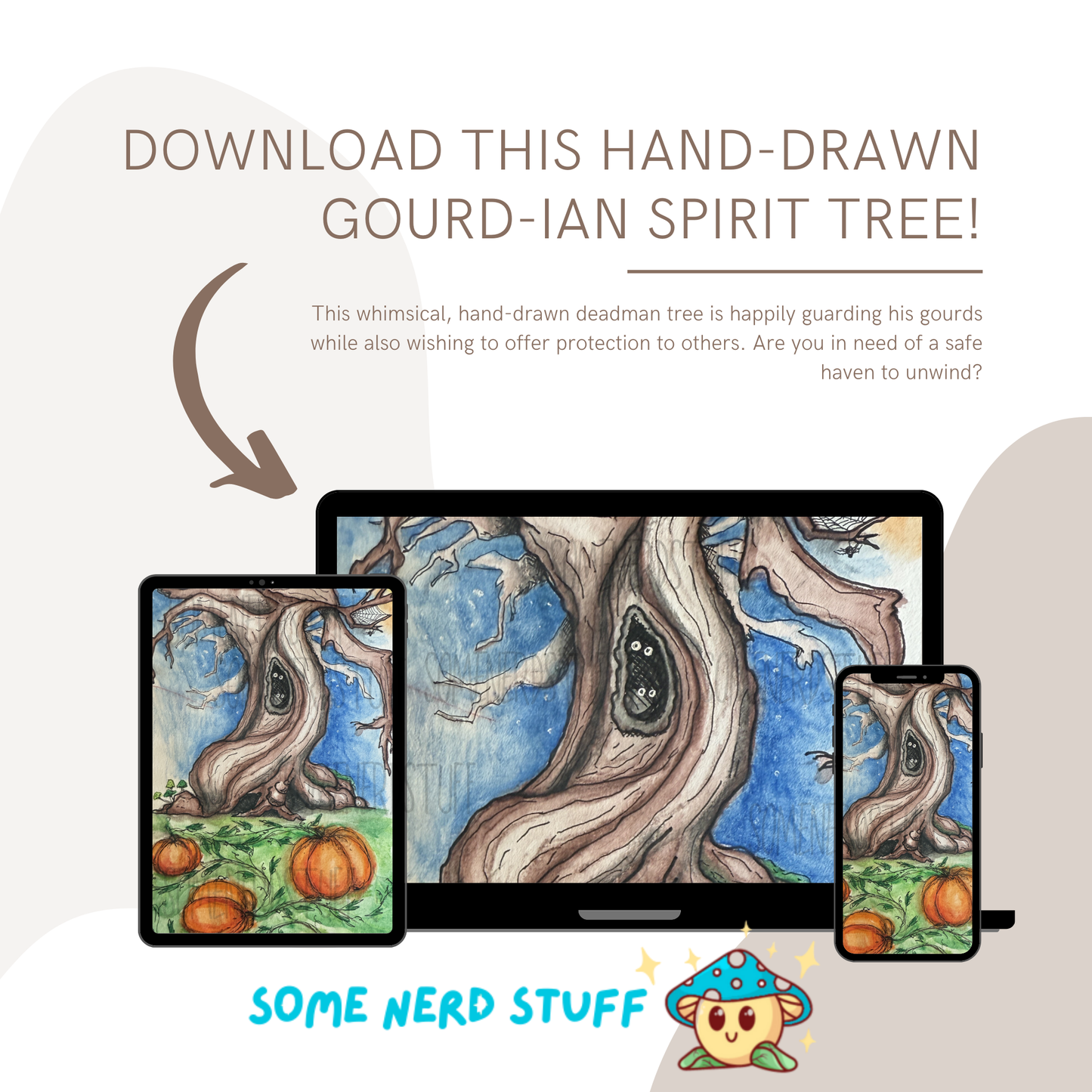 Deadman tree on a hill with pumpkins hand-drawn digital download product. No other items are included in this sale, shown in example ipad, computer, and iphone as wallpaepers.