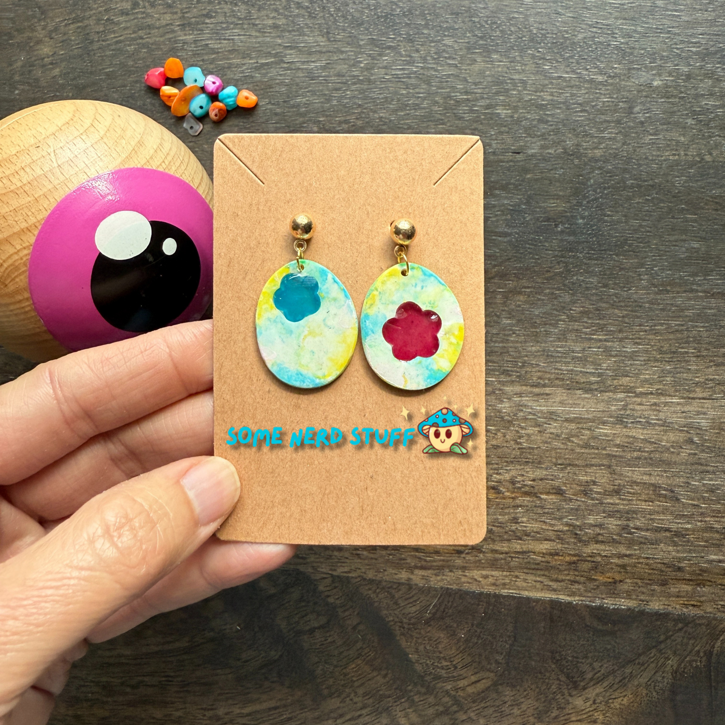 Polymer clay Love by you song Steven Universe inspired jewlery earrings hand showing size made by SomeNerdStuff
