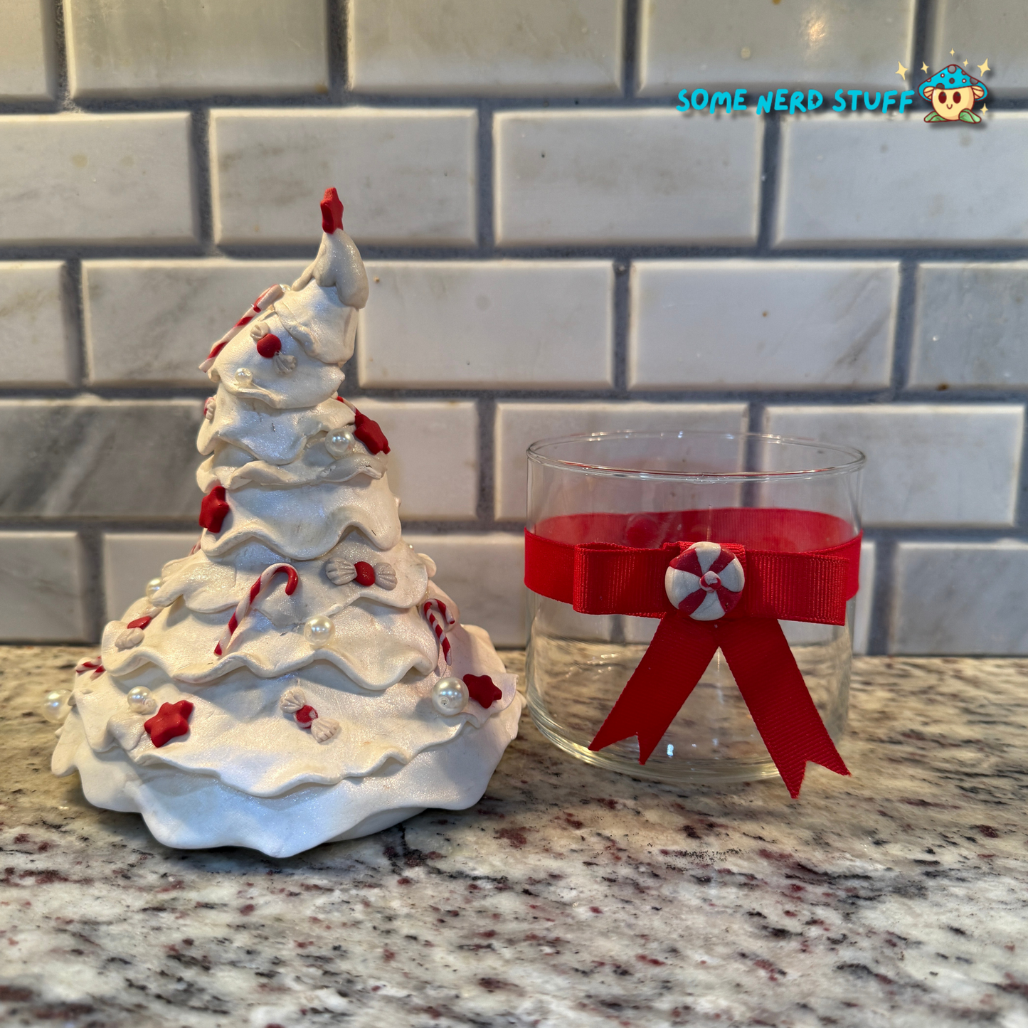 Stash Jar or Cookie Jar that is a all white Christmas tree made out of polymer clay lid and jar seperated made by SomeNerdStuff