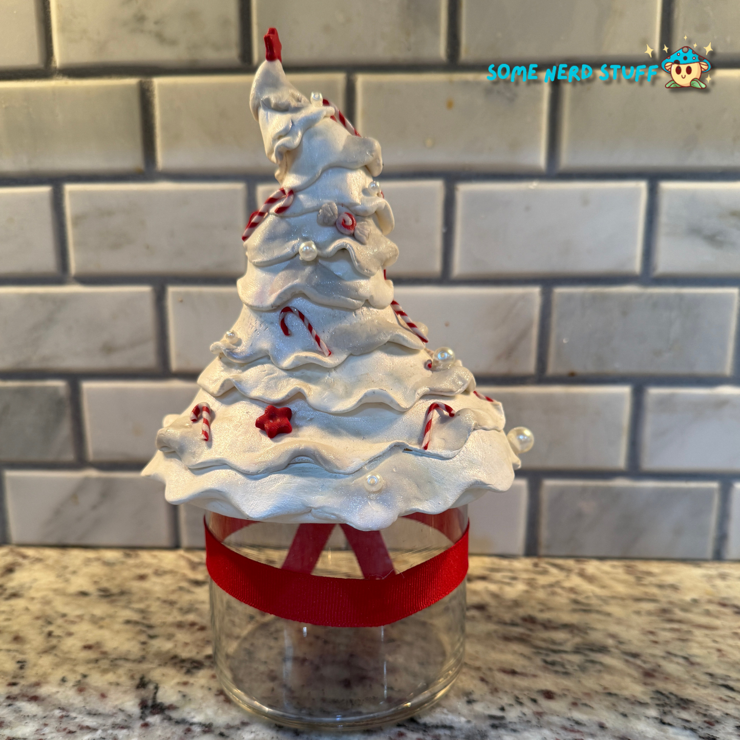 Stash Jar or Cookie Jar that is a all white Christmas tree made out of polymer clay back view made by SomeNerdStuff