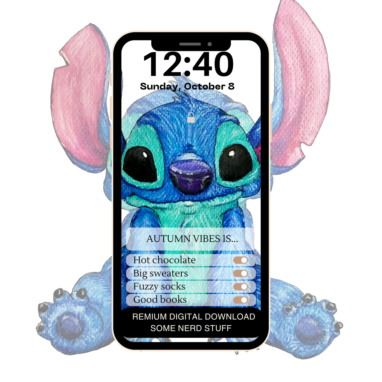 Stitch hand-drawn image shown as a phone wallpaper. Downloads are the only products included in this sale, as no other items are included.