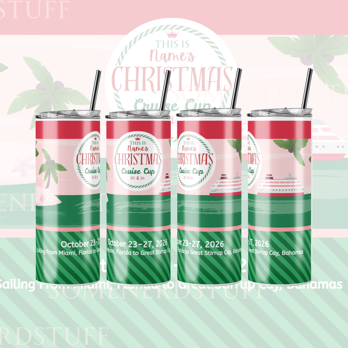 Boat & Island holiday cruise tumbler with wraparound tropical Christmas design in pink, green and red.