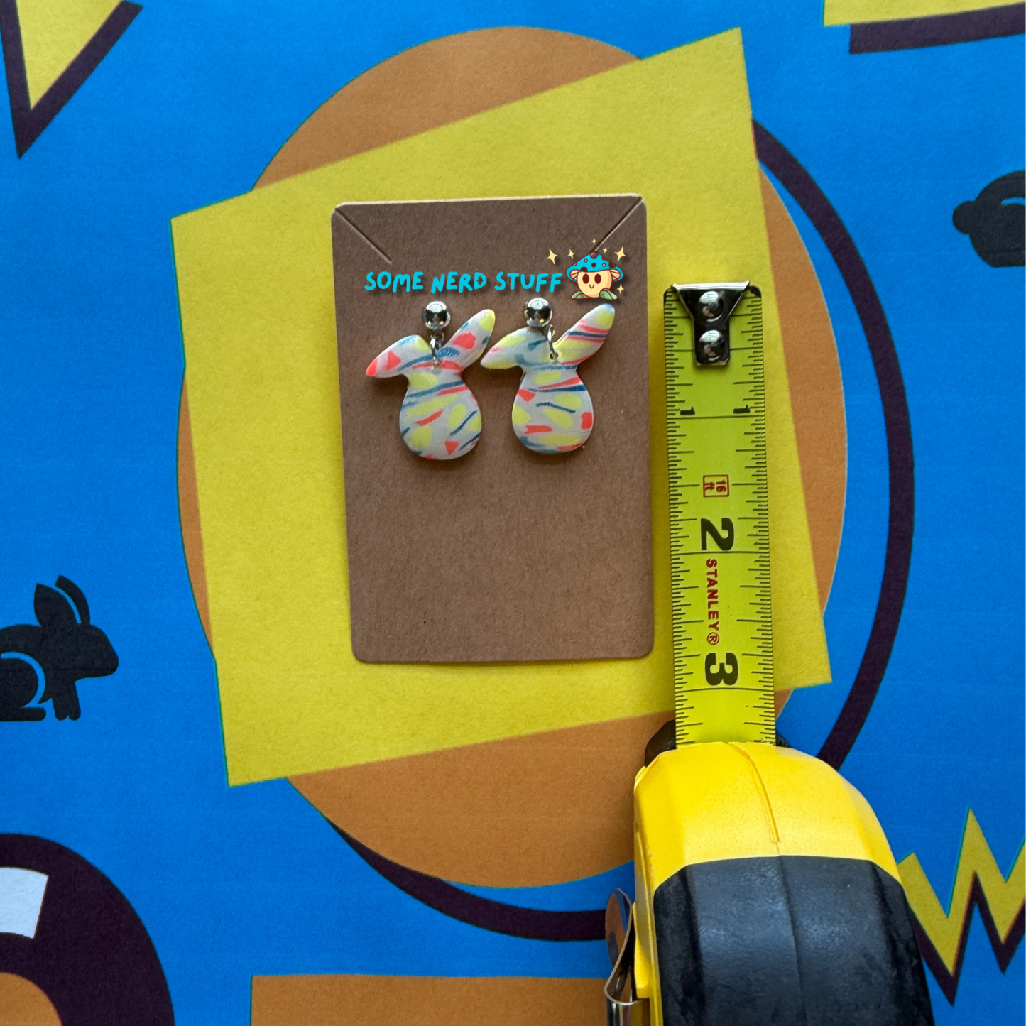 Bunny Head Polymer Clay Earrings inspired by Saved by the Bell 90s show multicolor with measuring tape made by SomenerdStuff