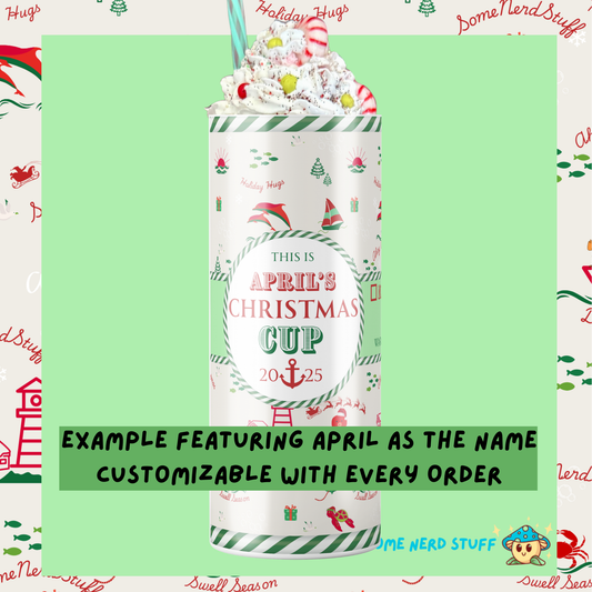 Decorative mug with Christmas-themed design and customizable text on a green background. Persoanlized with name and year.