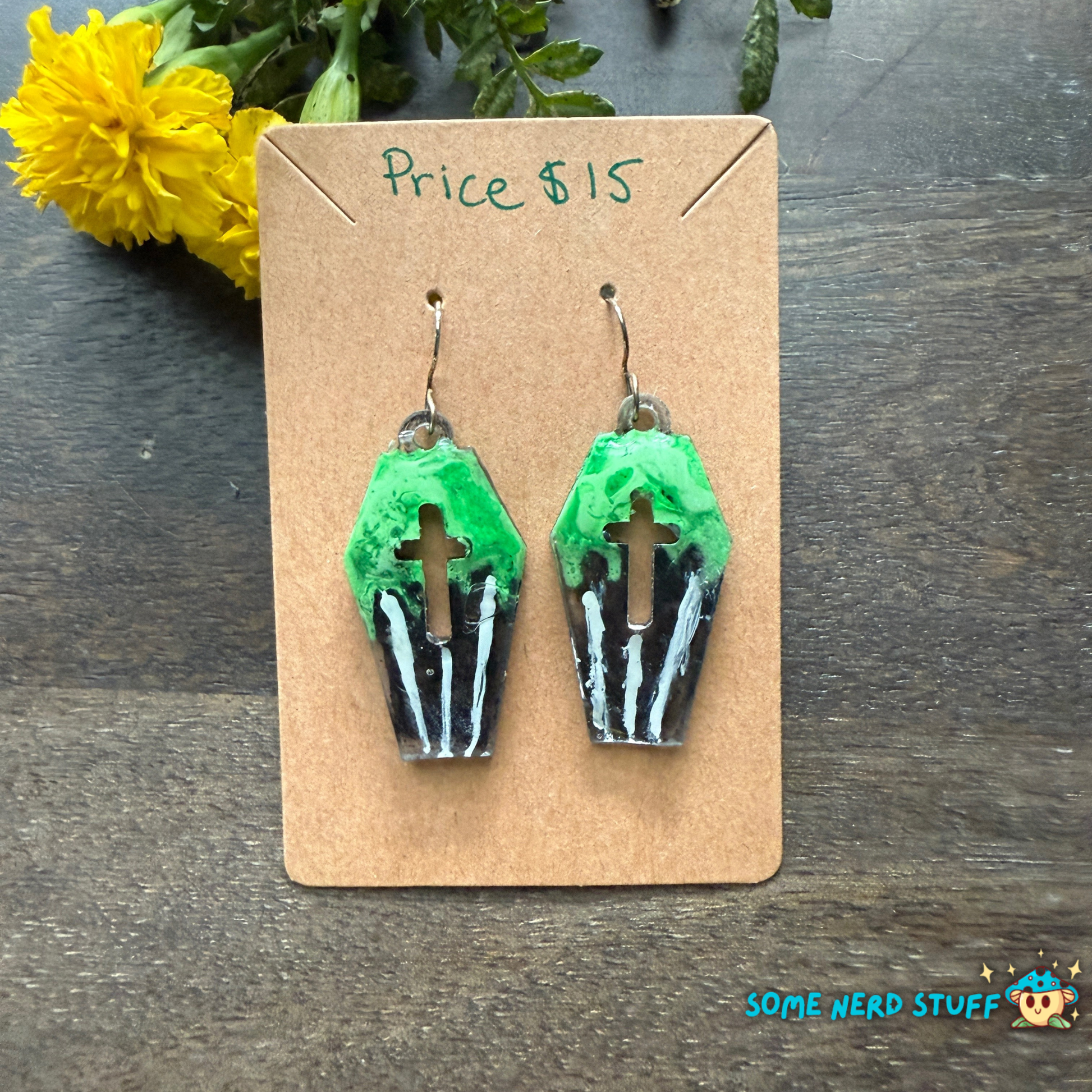 Coffin shapped earrings with green and striped pattern hand made earrings by somenerdstuff