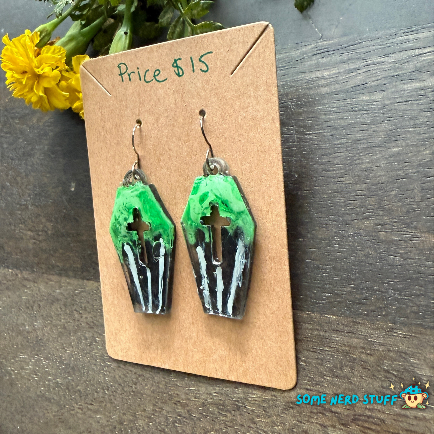 Coffin shapped earrings with green and striped pattern hand made earrings by somenerdstuff