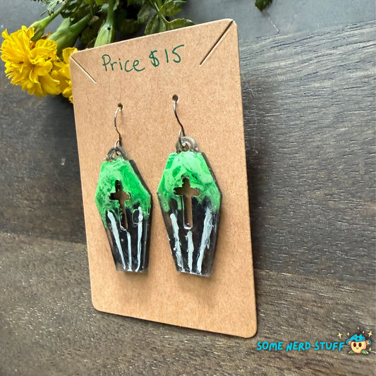 Coffin shapped earrings with green and striped pattern hand made earrings by somenerdstuff