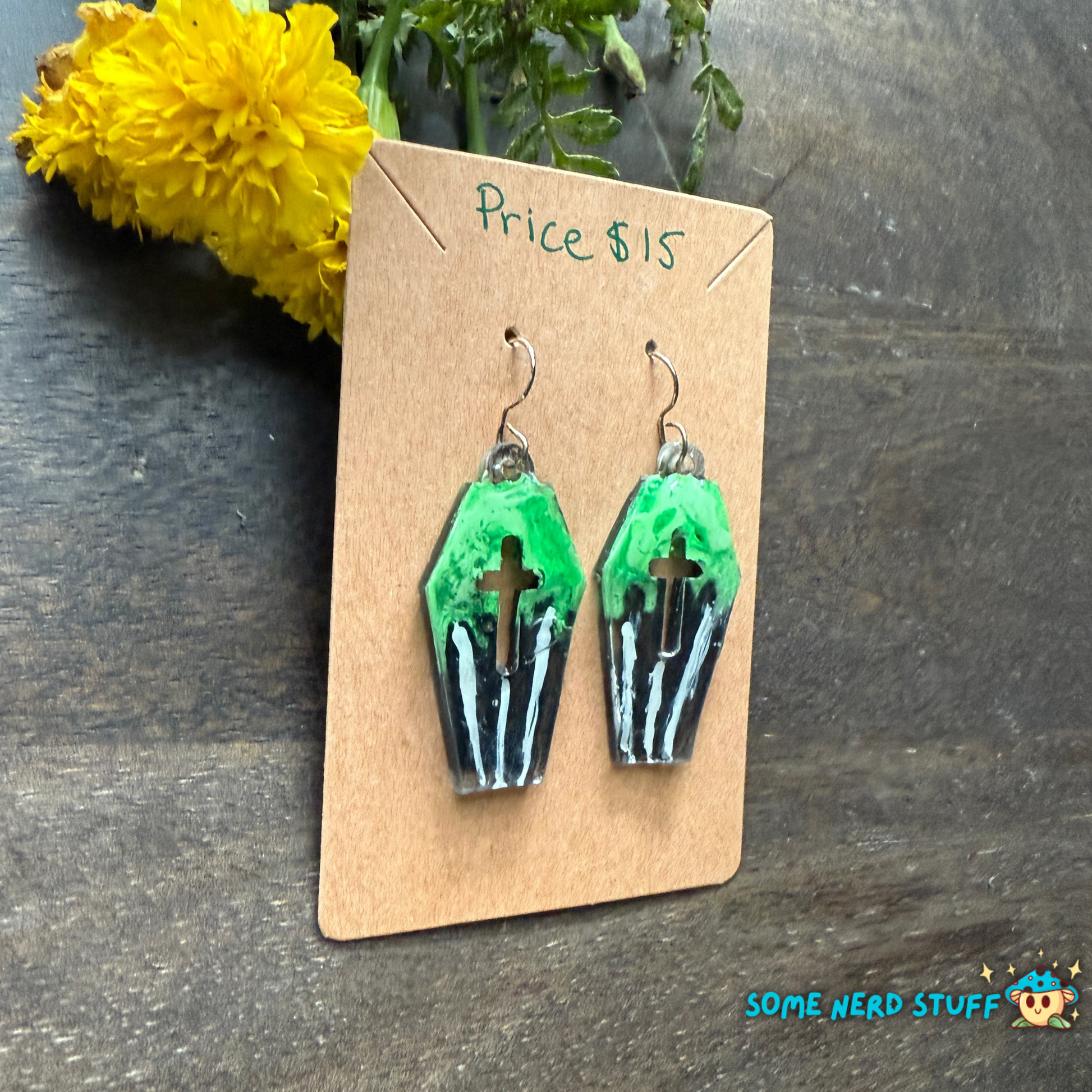 Coffin shapped earrings with green and striped pattern hand made earrings by somenerdstuff