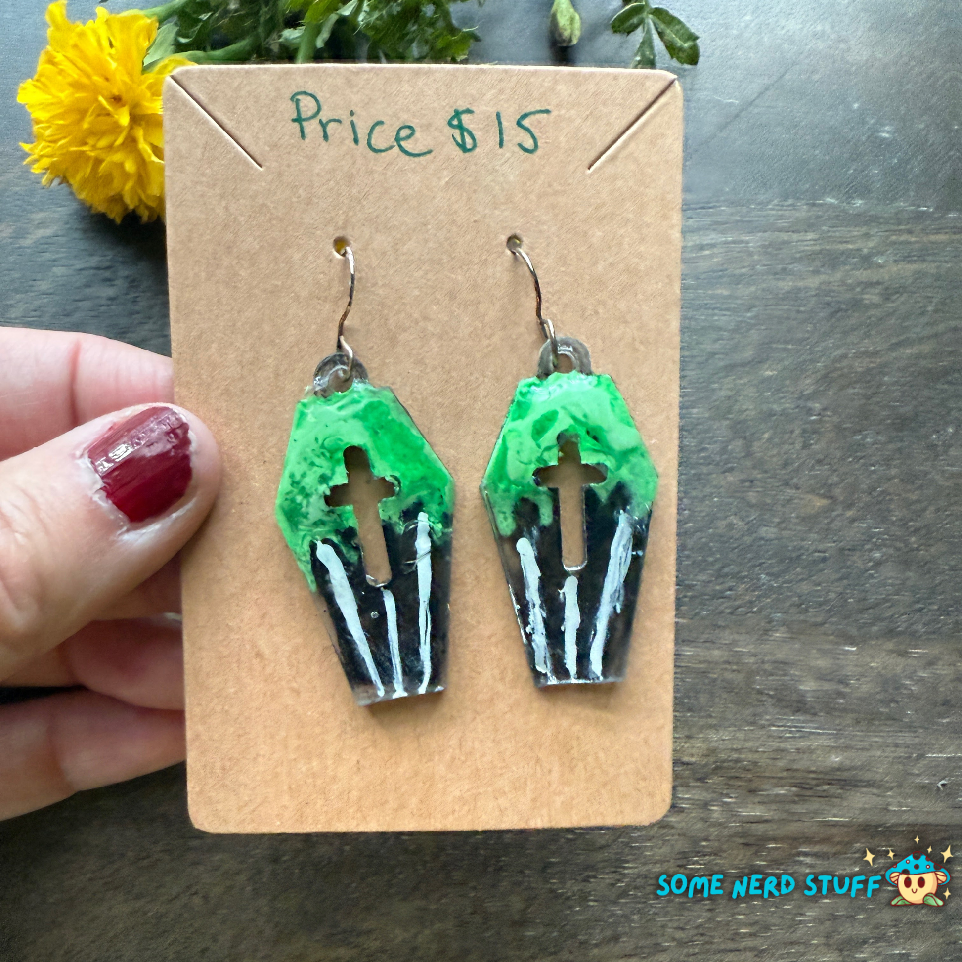 Coffin shapped earrings with green and striped pattern hand made earrings by somenerdstuff