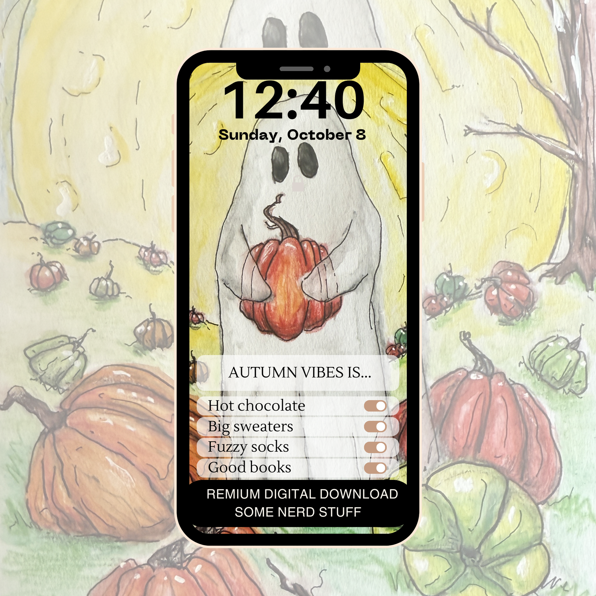 Ghost with pumpkin hand-drawn digital art. Product is for digital download only and no other items are included in sale. Shown in a phone as a example of how it can be used as a wallpaper.