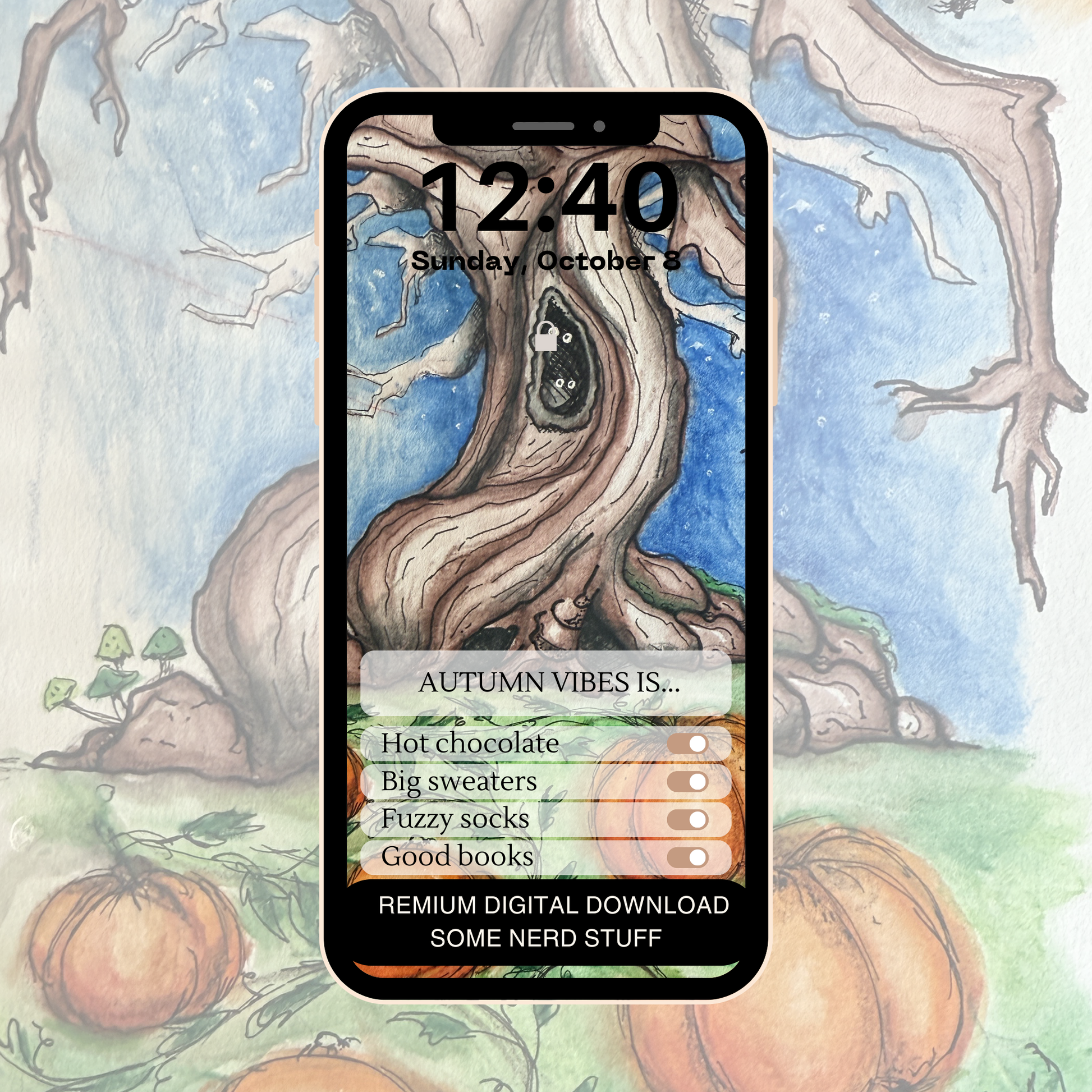 Deadman tree on a hill with pumpkin hand-drawn art in a digital download. Product only contains the digital download and no other items ar includedl. Image is shown in phone as example of image use.