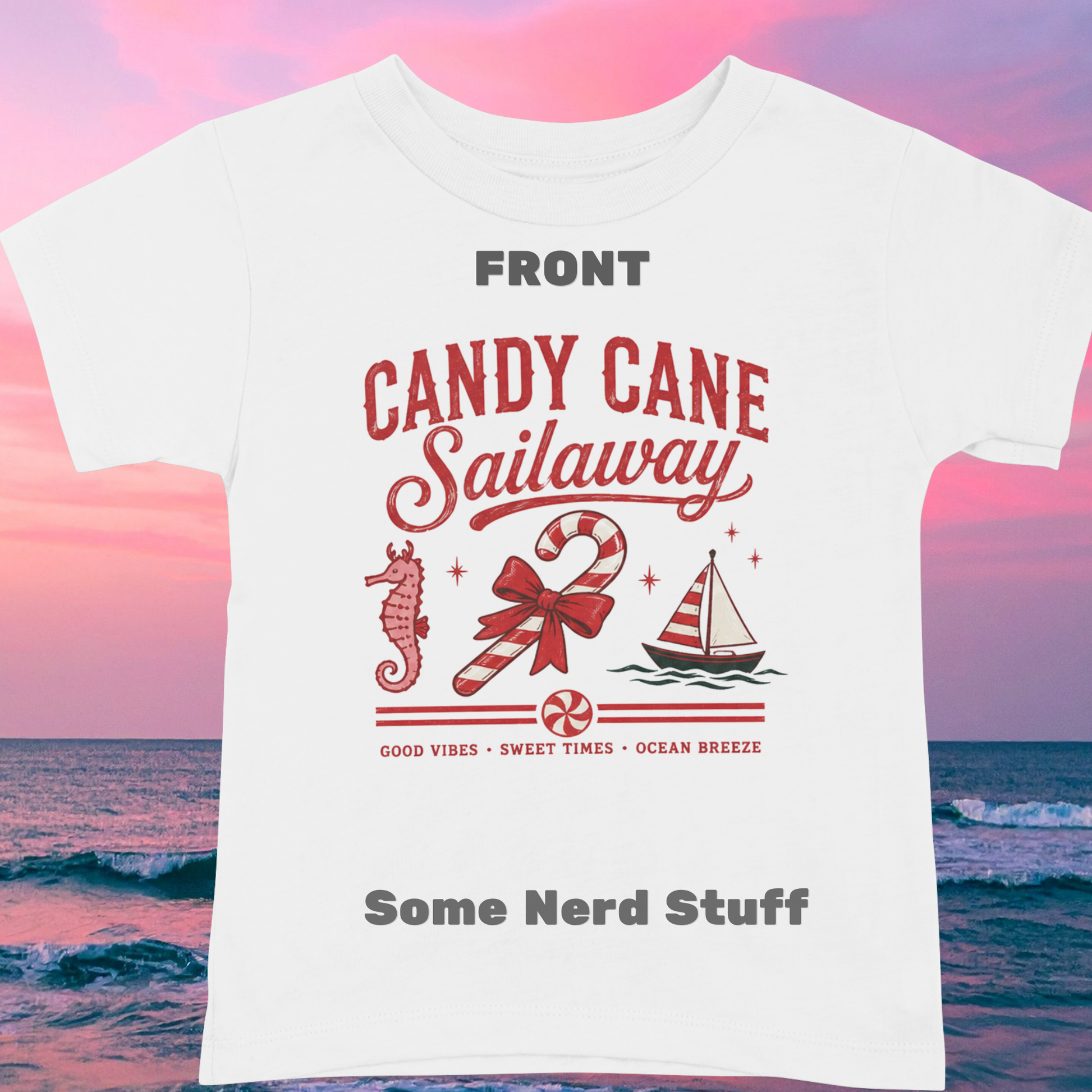 Candy Cane Sailaway Christmas cruise shirt front design over a pink beach sunset and coastal waves