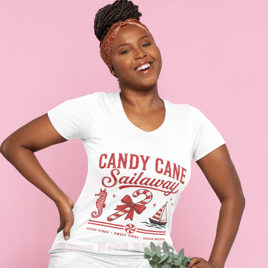 Woman wearing Candy Cane Sailaway Christmas cruise shirt.