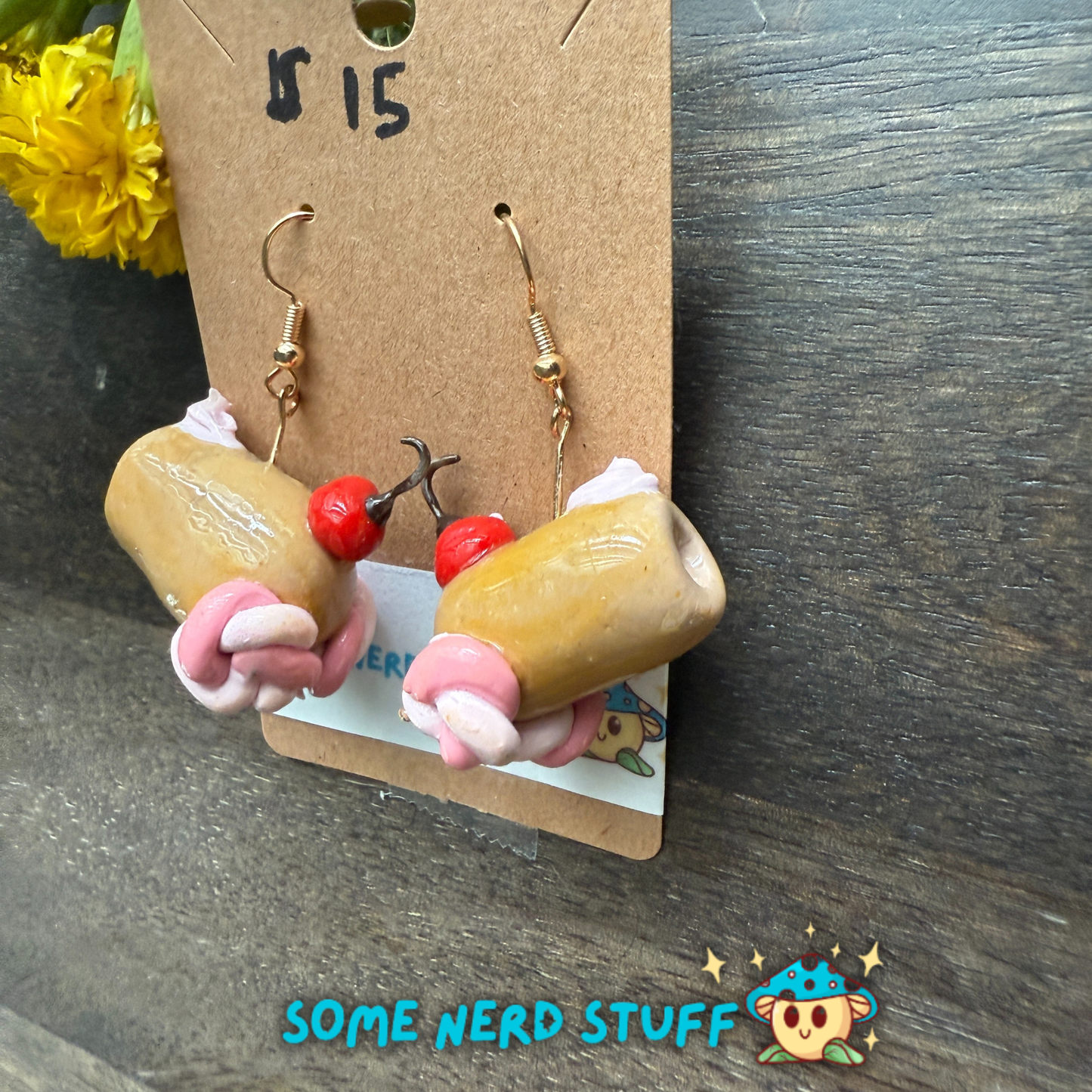 Candy cannon with faux pink whipoped cherry topped polymer clay earrings sold on SomeNerdStuff