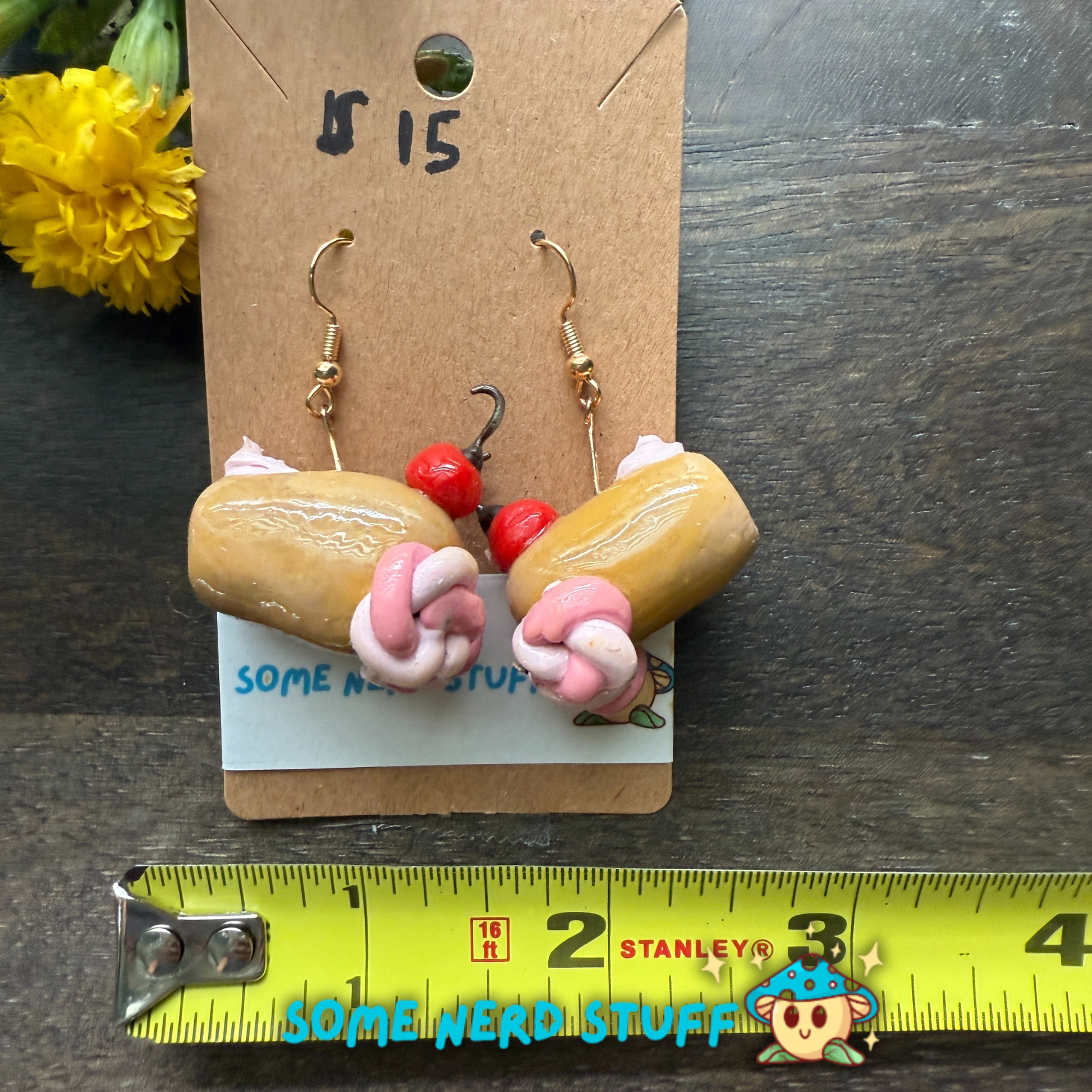 Candy cannon with faux pink whipoped cherry topped polymer clay earrings sold on SomeNerdStuff