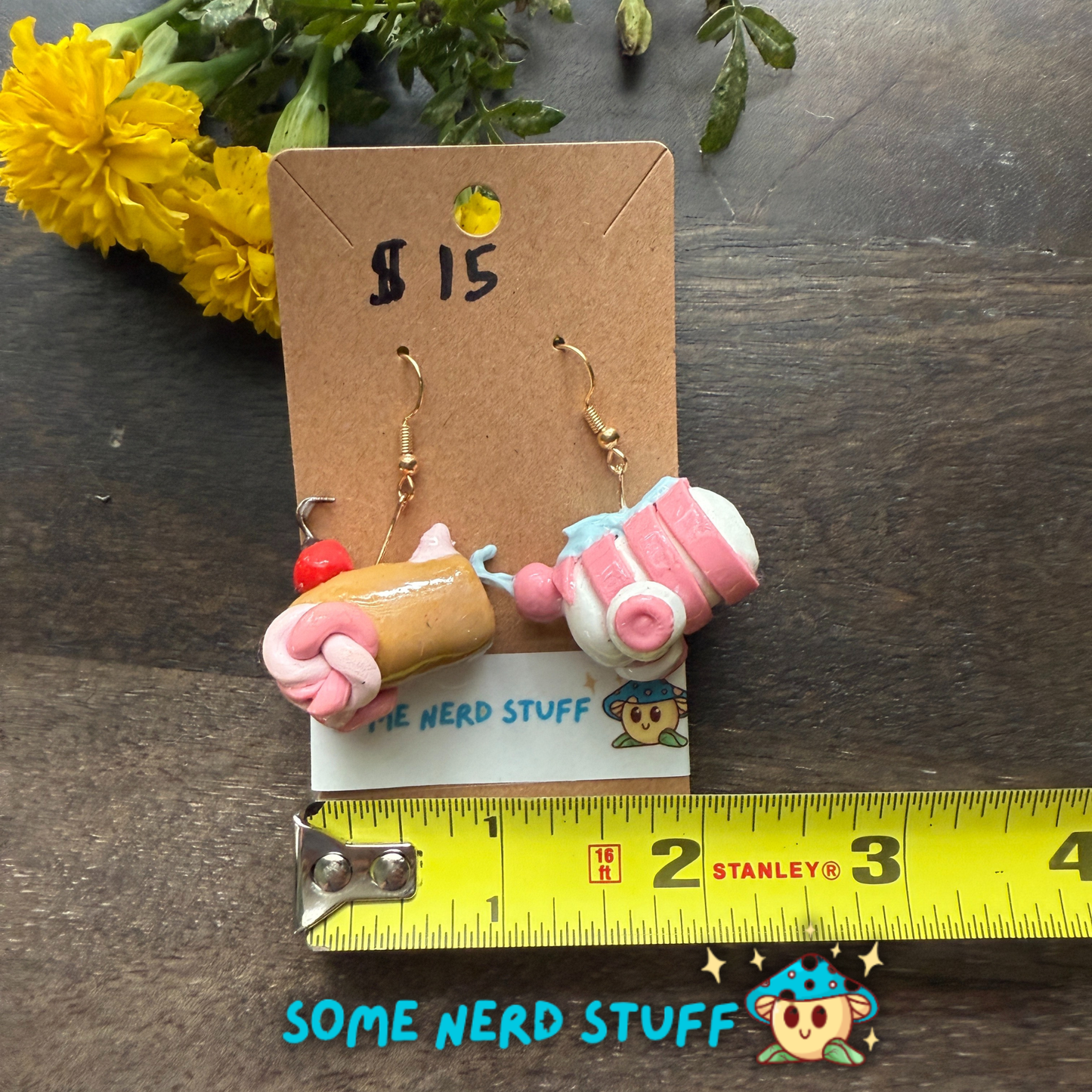 Pair of Candy Cannons Cherry topped and pepermin swirl dangles from SomeNerdStuff measuring total of 2.25 wide