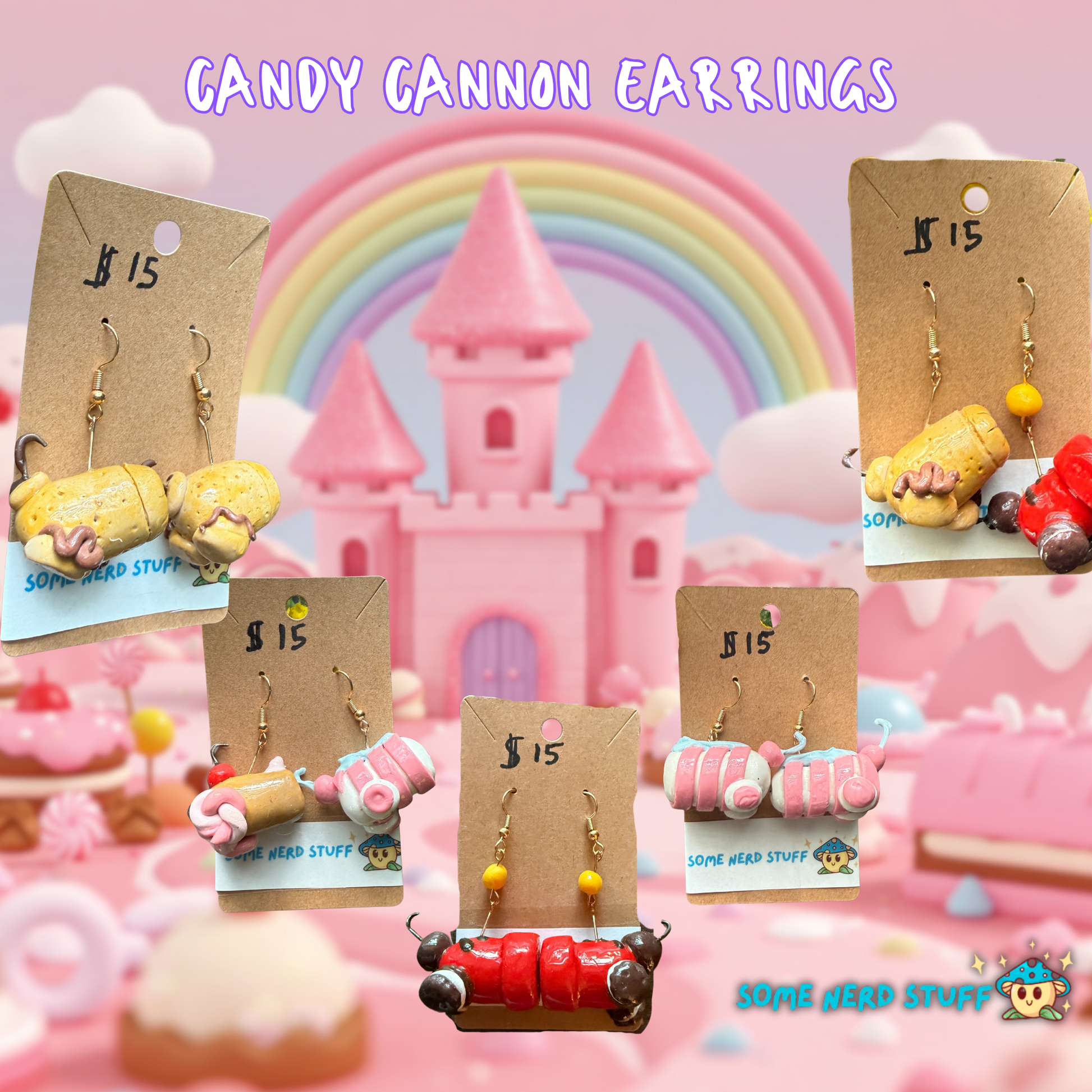Collage of candy-themed earrings on display cards with a colorful castle and rainbow background.