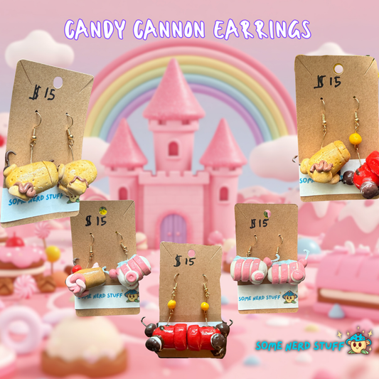 Collage of candy-themed earrings on display cards with a colorful castle and rainbow background.
