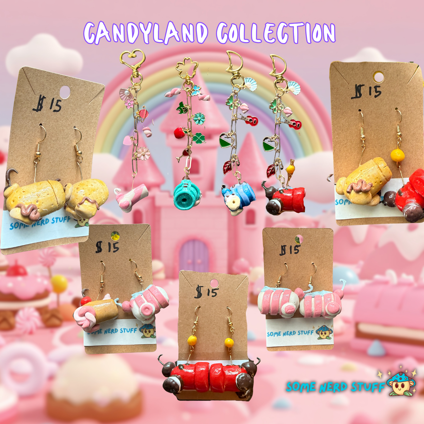 Collage of candy-themed earrings on display cards with a colorful castle background.