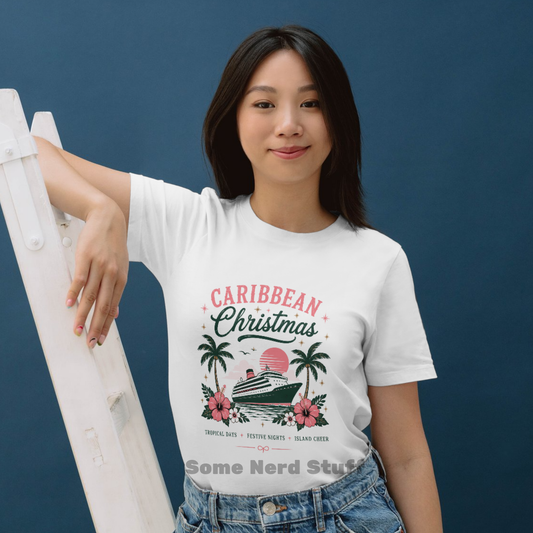 Woman wearing the Caribbean Christmas Cruise Shirt featuring a tropical cruise ship and palm tree holiday design