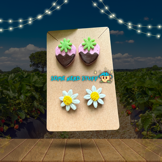 Cheerful Daisy and Chocolate Strawberry Earring Bundle