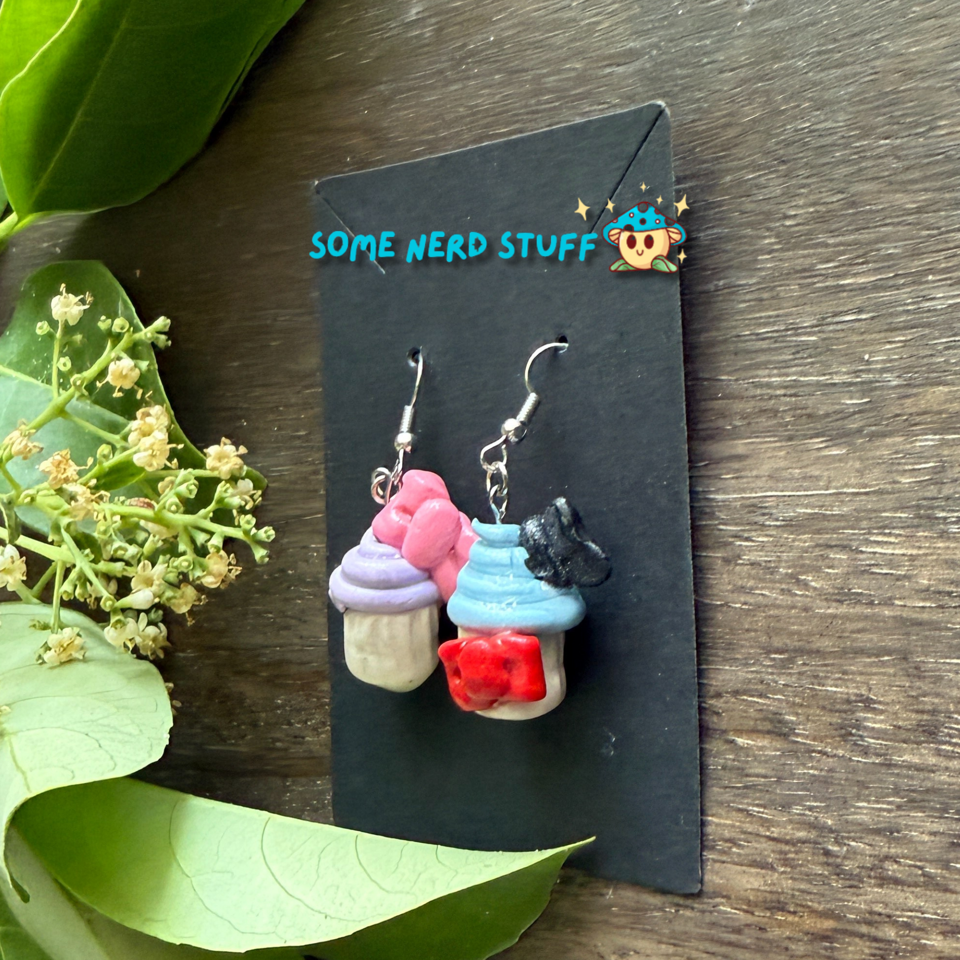 Donald and Daisy Duck Cupcake Earrings made with Polymer Clay side view by SomeNerdStuff