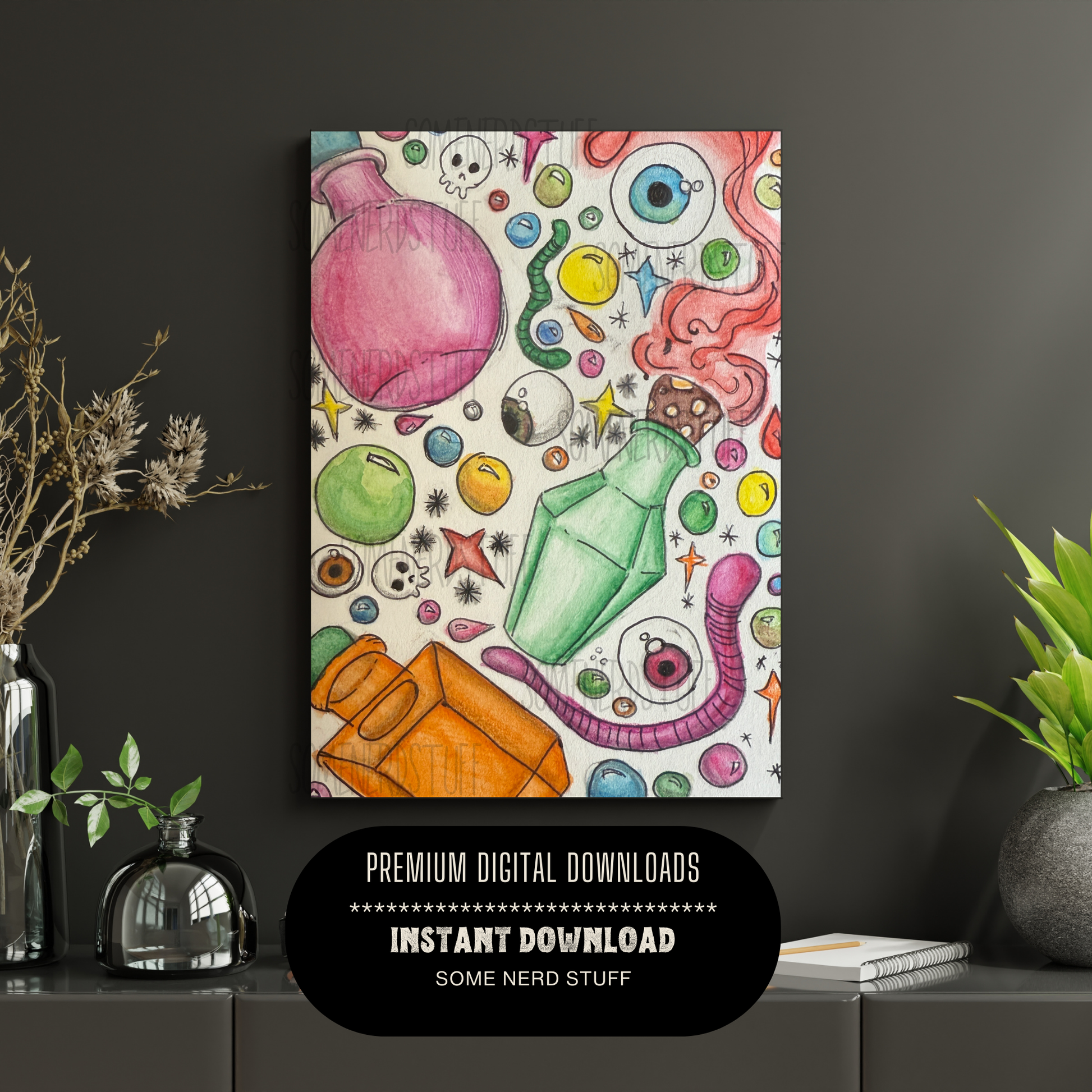 Hand-drawn collage of potions, eyeballs, gems, stars, skulls, and elixers for sale in a digital download. No other products or items for sale in this purchase.