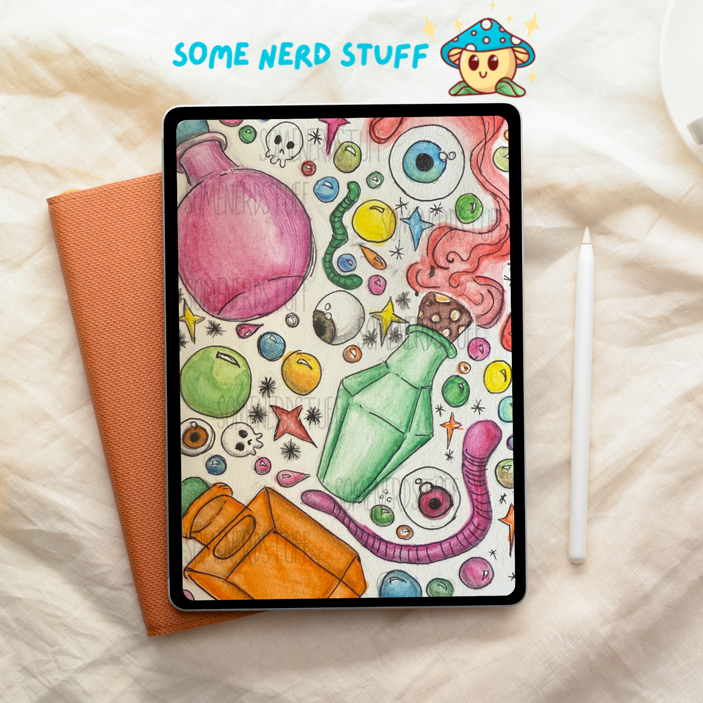Hand-drawn collage of potions, eyeballs, gems, stars, skulls, and elixers for sale in a digital download. No other products or items for sale in this purchase.