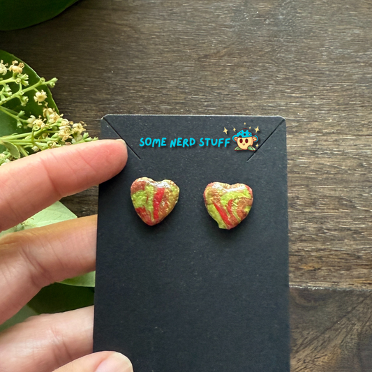 Polymer Clay swirl red and green heart earrings by SomeNerdStuff