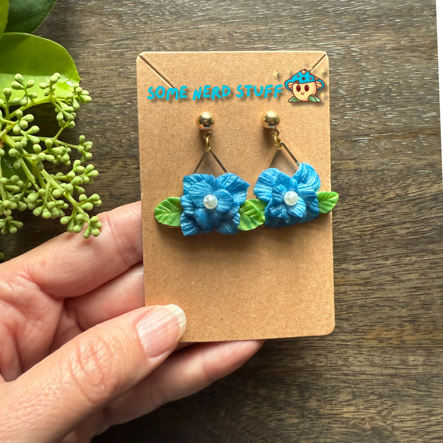 Manga Frieren: Beyond Journey's End Inspired Blue Moon Flower Polymer clay and pearl earrings made by SomeNerdStuff