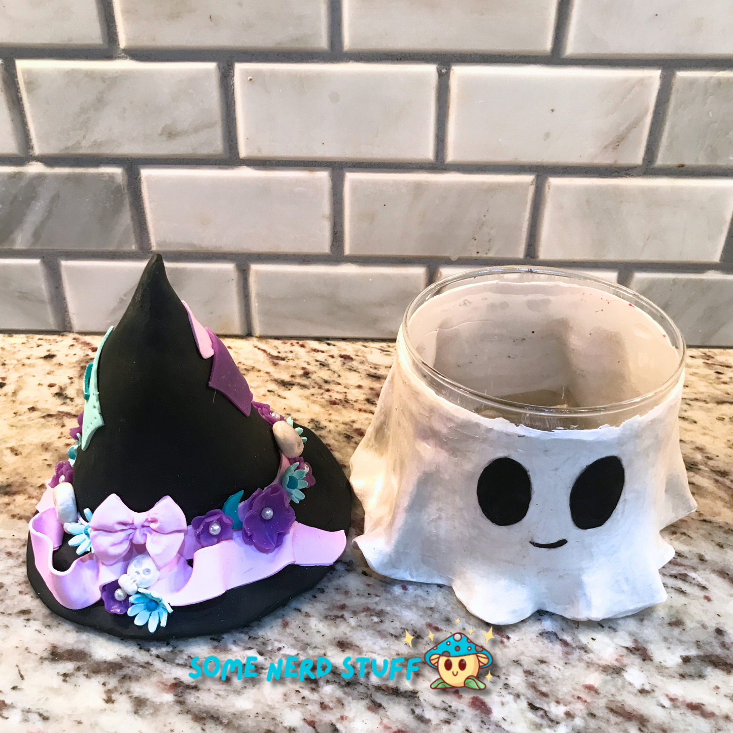 Ghost stash jar, that has a witch hat that brings to life patches, ribbon, flowers, cute skulls, and top of jar is removed to show individual pieces.