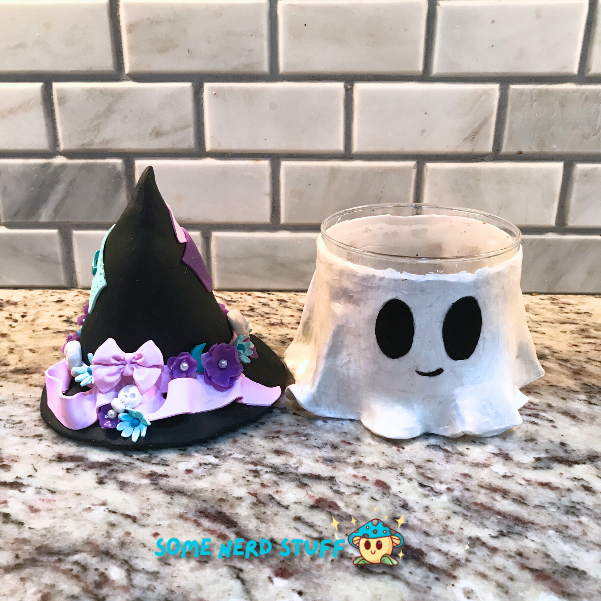 Ghost stash jar, that has a witch hat that brings to life patches, ribbon, flowers, cute skulls, and a smiling ghost