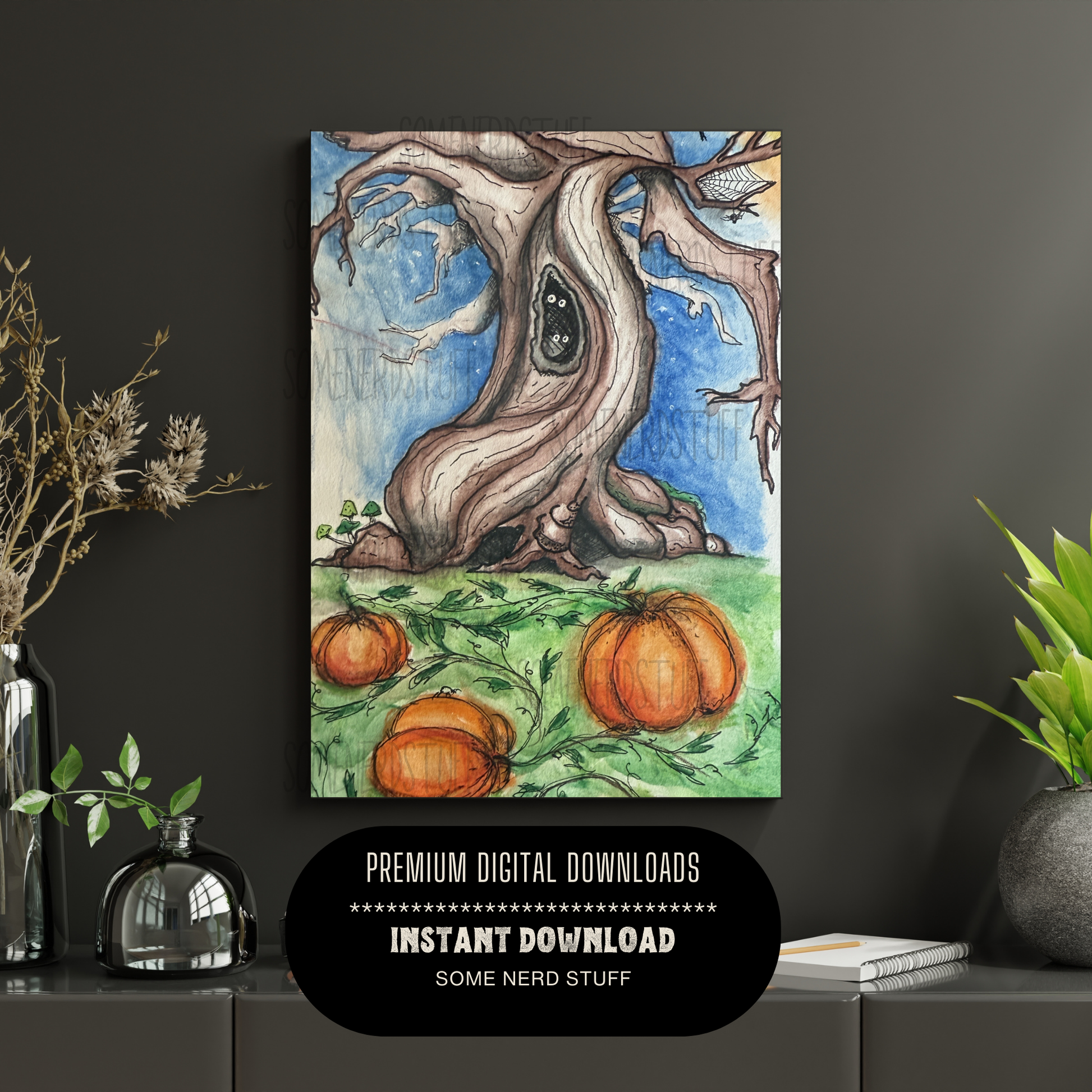 Deadman tree on a hill with pumpkins hand-drawn digital download product. No other items are included in this sale, shown in example room.