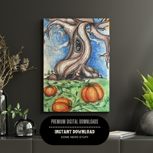 Deadman tree on a hill with pumpkins hand-drawn digital download product. No other items are included in this sale, shown in example room.