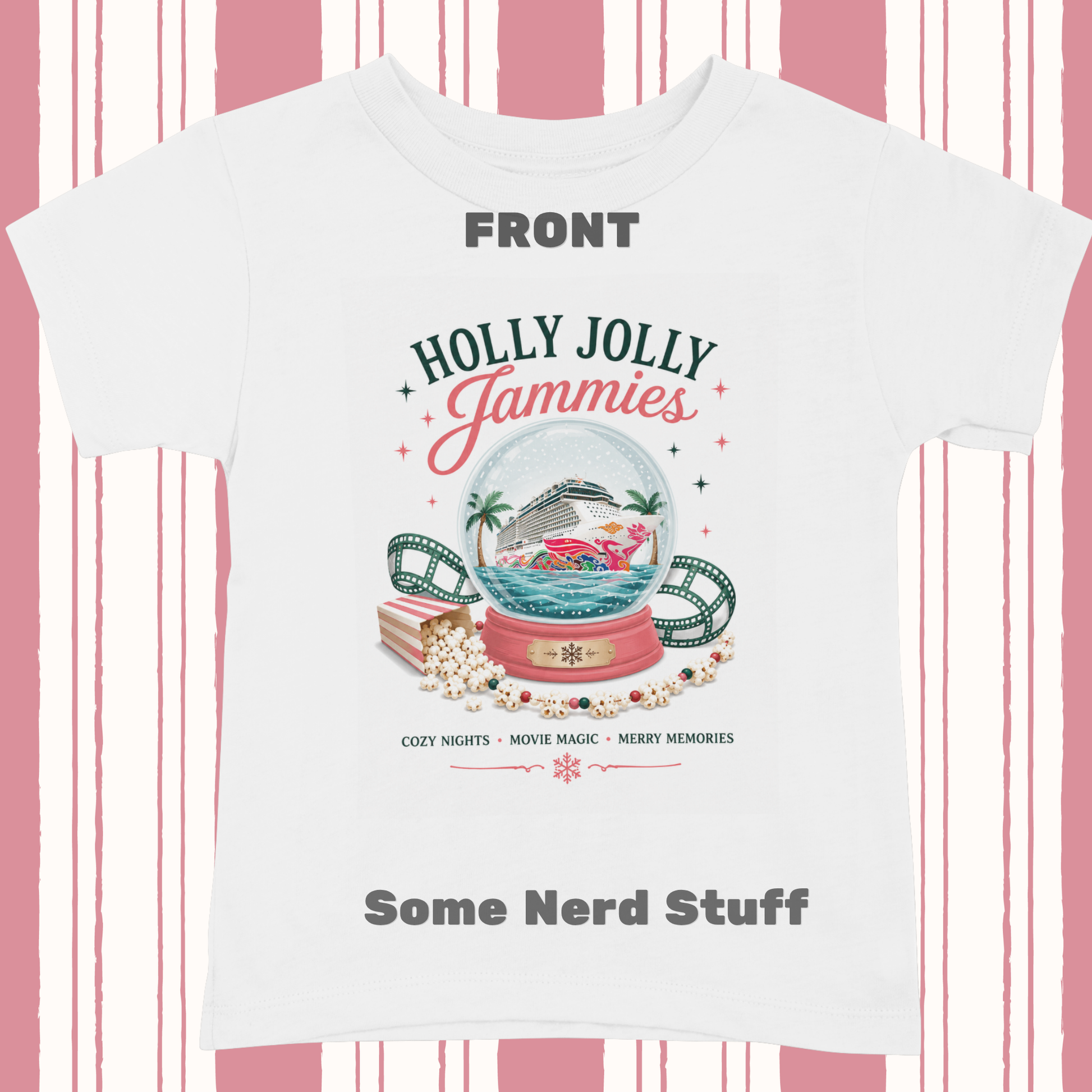 Close-up of the Holly Jolly Jammies Christmas Cruise Shirt featuring a snow globe, cruise ship, popcorn and holiday movie theme