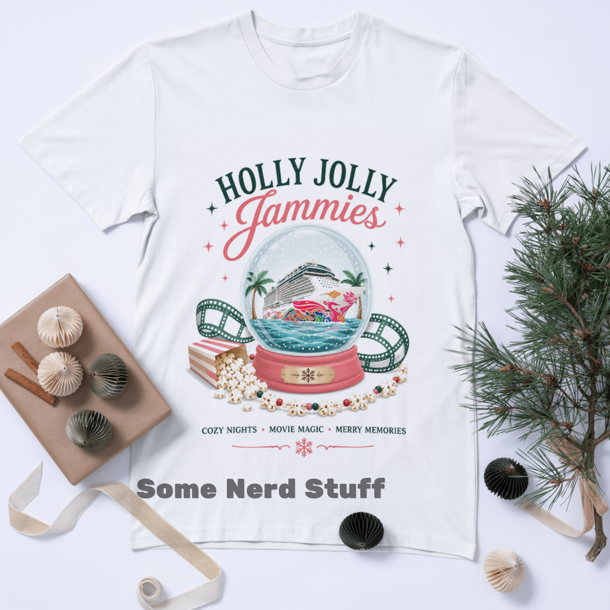 Holly Jolly Jammies Christmas Cruise Shirt with festive snow globe cruise ship design on a white shirt