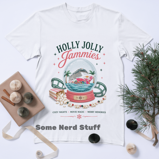 Holly Jolly Jammies Christmas Cruise Shirt with festive snow globe cruise ship design on a white shirt