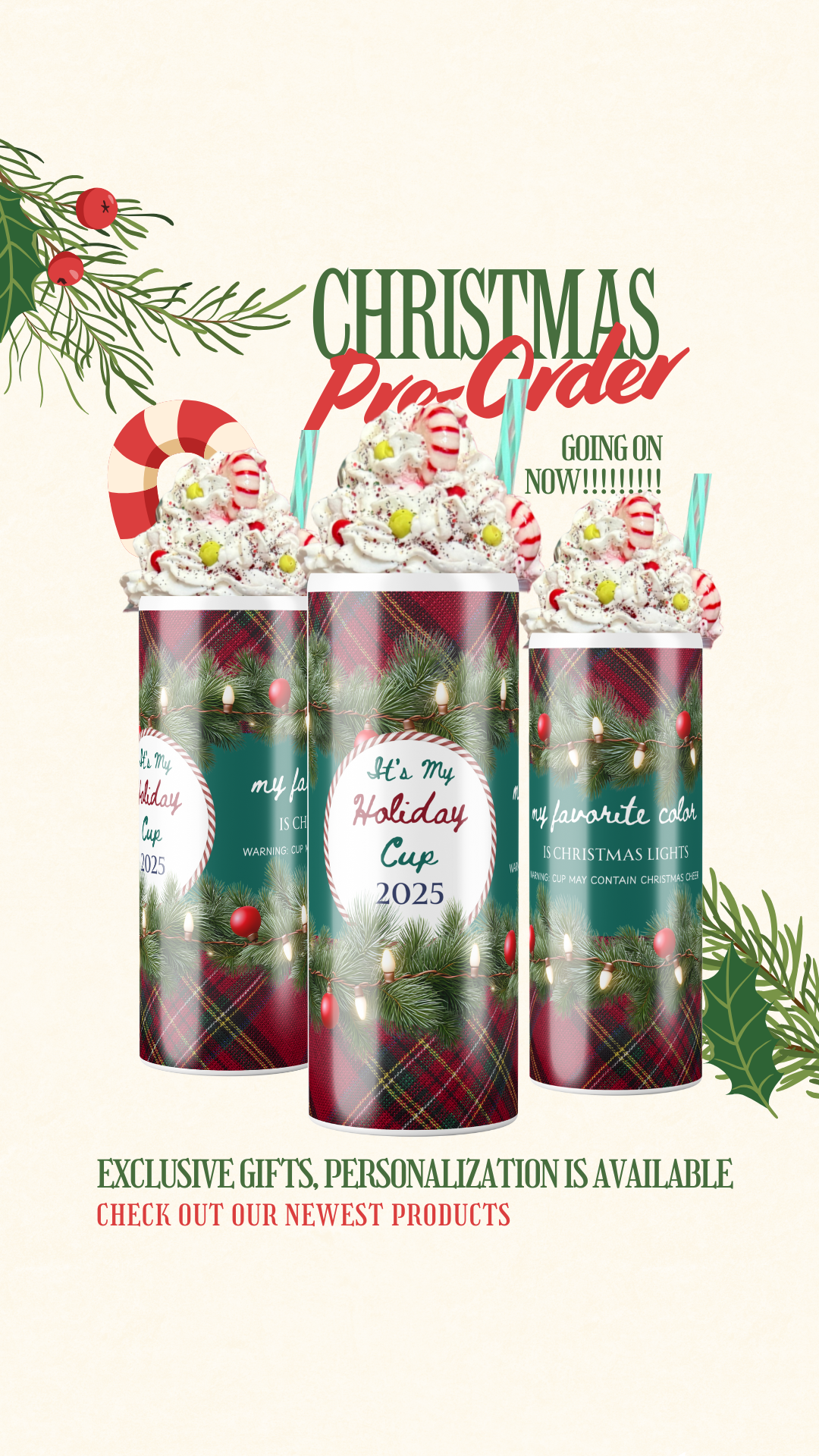 Three Christmas-themed tumblers with festive designs and text promoting a pre-order for exclusive gifts from SomeNerdStuff online store