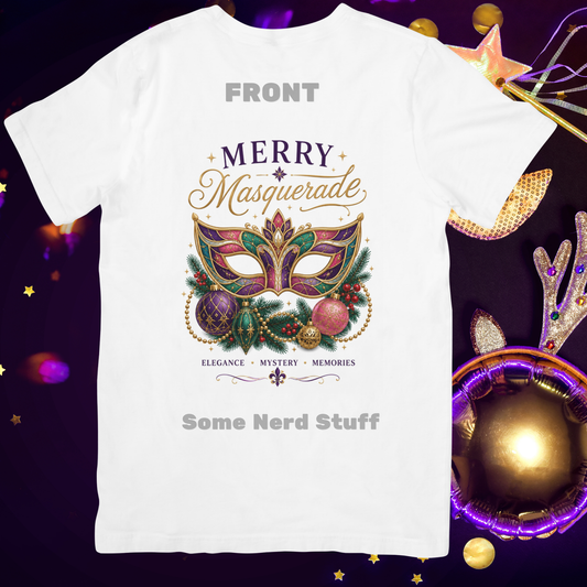 Merry Masquerade Christmas Cruise Shirt on a white shirt featuring an ornate Christmas masquerade mask with holiday ornaments.