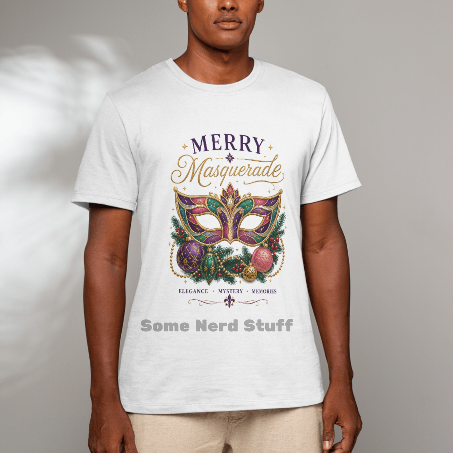 Man wearing the Merry Masquerade Christmas Cruise Shirt featuring an elegant stained-glass holiday masquerade mask design