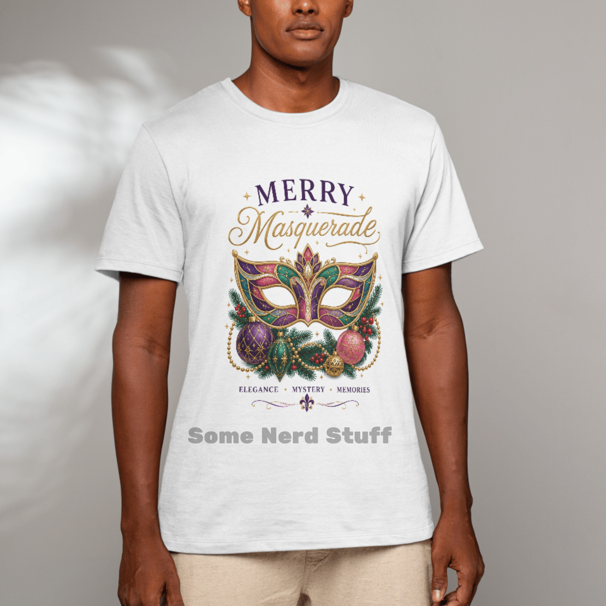 Man wearing the Merry Masquerade Christmas Cruise Shirt featuring an elegant stained-glass holiday masquerade mask design