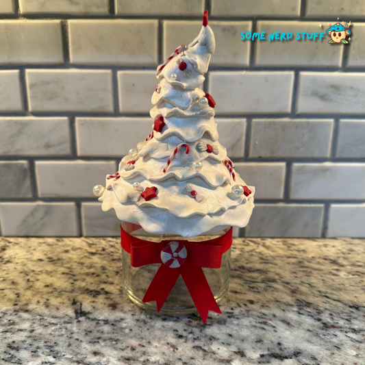 Stash Jar or Cookie Jar that is a all white  Christmas tree made out of polymer clay made by SomeNerdStuff