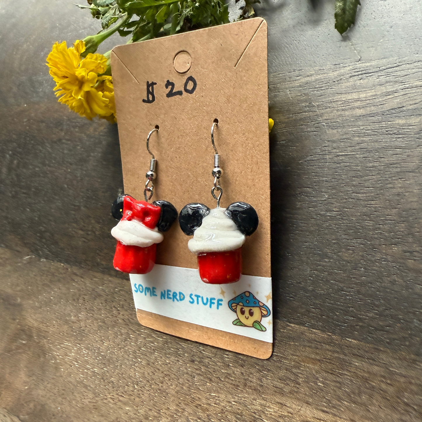 Mickey and Minnie cupcake polymer clay dangle earings handmade by somenerdstuff