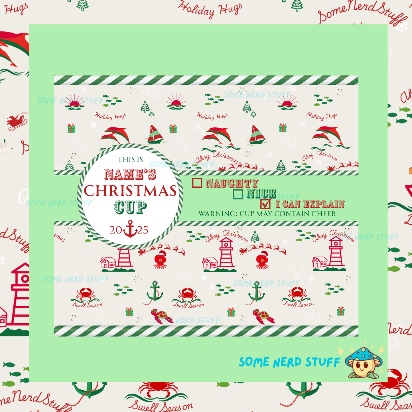 Christmas-themed tumbler design product packaging with decorative elements and text.