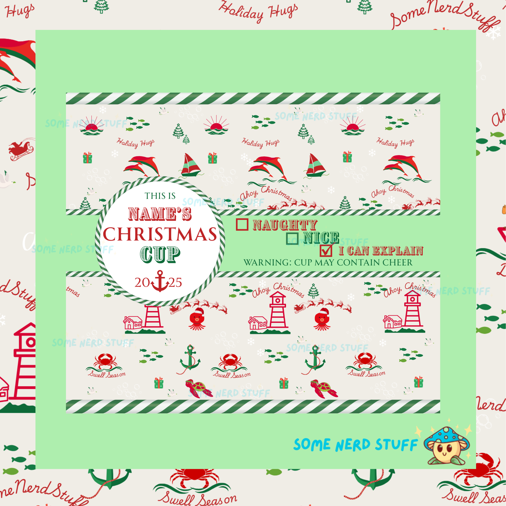 Christmas-themed tumbler design product packaging with decorative elements and text.