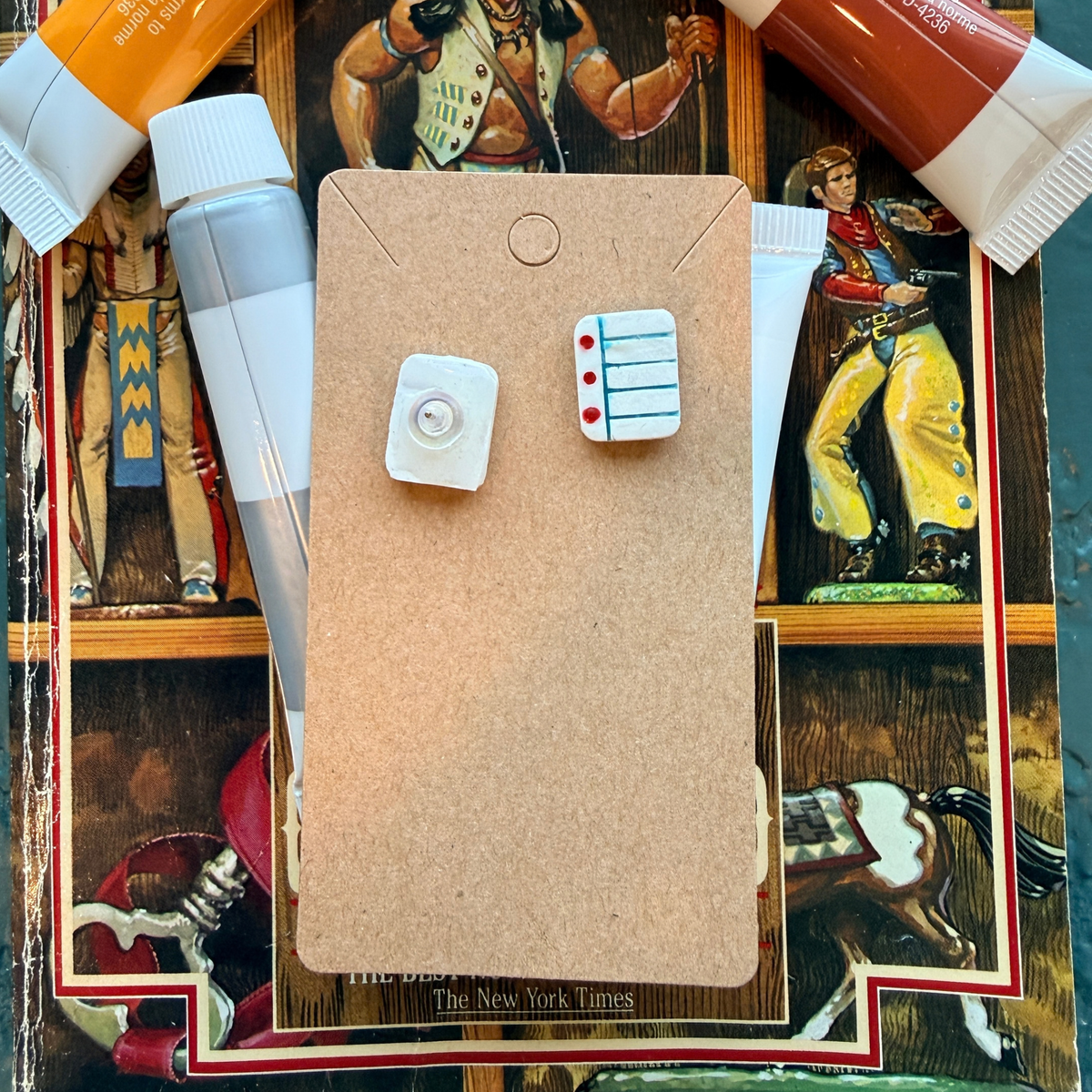 Front and back of lined notebook paper stud earrings, showing the post and backing.