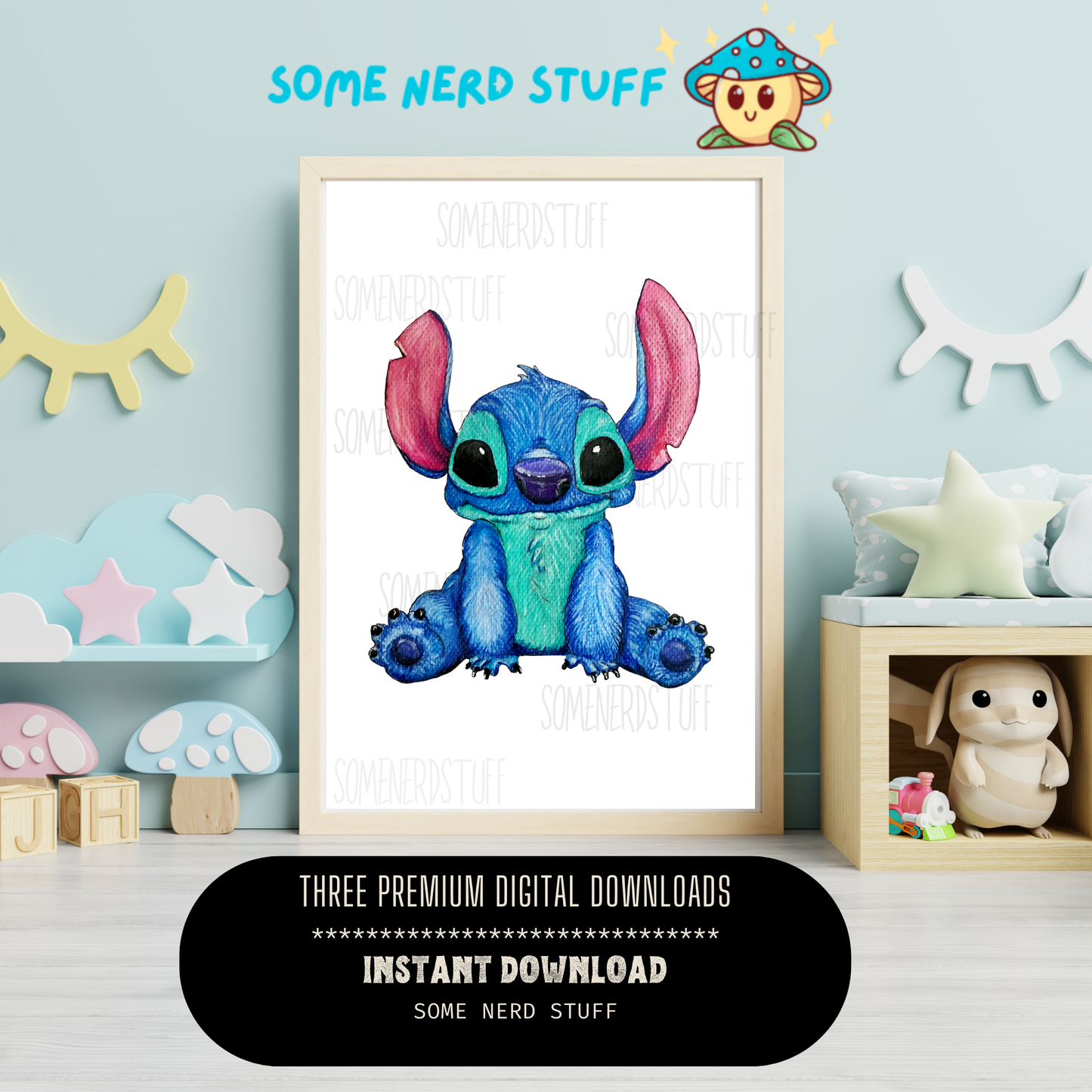 Stitch image that was hand-drawn shown in example room. no other items are in this product, and not for sale.