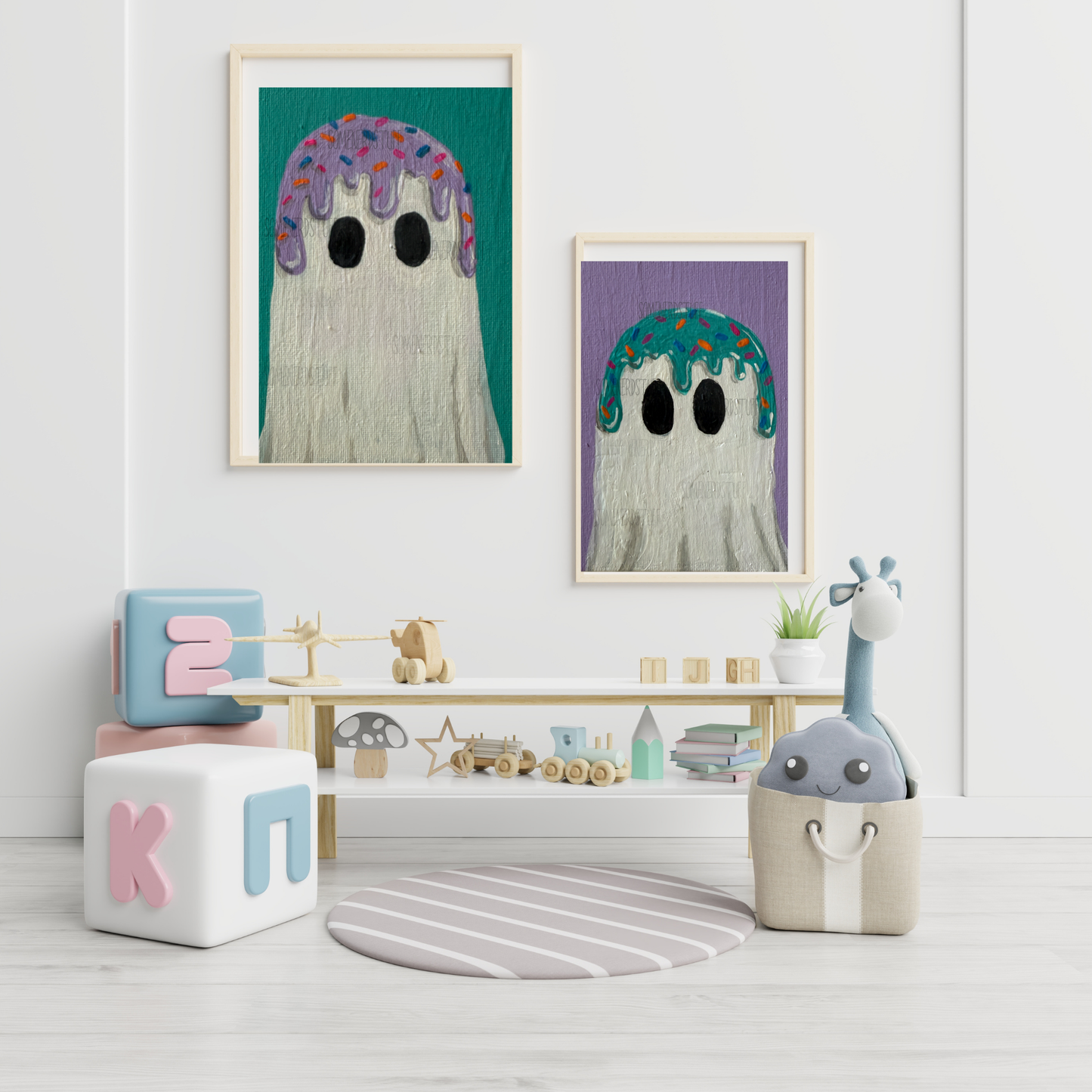 Two digital downloads in one product, teal and purple icecream topped ghosts downloads. Example room, no other products are for sale but digital download.